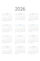 Modèle de calendrier 2026 dans un style strict classique. calendrier mensuel calendrier individuel minimalisme design sobre pour ordinateur portable professionnel. la semaine commence le dimanche vecteur