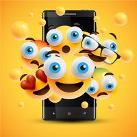 Émoticônes jaunes heureux réalistes devant un téléphone portable, illustration vectorielle vecteur