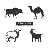 logo de une eid Al adha animal collection chameau buffle mouton et chèvre icône silhouette conception sur blanc Contexte vecteur
