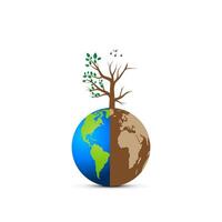 Terre journée ou monde environnement jour, combat désertification et sécheresse concept. climat changement et global chauffage thème. enregistrer notre planète, protéger vert la nature. vivre et sec arbre sur globe dans main. vecteur