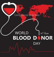 monde du sang donneur jour, juin 14, noir arrière-plan, avec du sang transfert sac, rouge monde carte, battement de coeur. vecteur