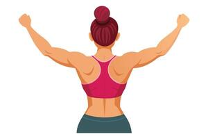 vue arrière de un athlétique femme élongation sa bras dans une tonification musculaire exercice plat illustration vecteur