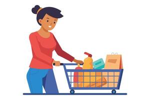 Jeune femme achat les courses dans une supermarché plat illustration sur blanc Contexte vecteur