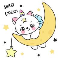mignonne chat sur lune kawaii chaton sucré rêver vecteur