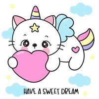 mignonne chat Licorne tenir cœur kawaii chaton vecteur