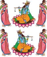 seigneur krishna et seigneur rama les dieux hindous, et leurs sevika ou serviteurs jouant de la flûte. assis sur un lotus. pour impression textile, logo, papier peint vecteur