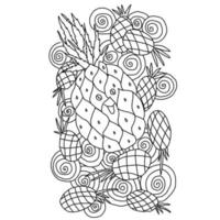 joli ananas souriant entre des motifs en spirale et des silhouettes d'ananas, coloriage de fruits tropicaux vecteur