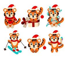 ensemble d'autocollants mignons de tigre de Noël. illustration du nouvel an pour les enfants vecteur