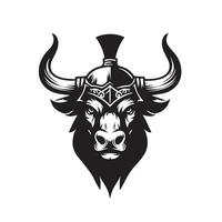 vache clipart - une guerrier taureau visage illustration dans noir et blanc vecteur