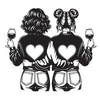 besties avec du vin lunettes, relation amicale illustration, bff vecteur