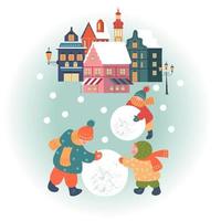 jour de neige dans la ville de noël confortable. paysage de jour de village de noël d'hiver. les enfants jouent dehors en hiver. illustration vectorielle, carte de voeux. vecteur