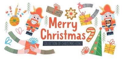 joyeux Noël. illustration vectorielle, carte de voeux. un ensemble d'éléments de décoration de vacances. vecteur