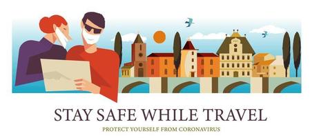 rester en sécurité pendant le voyage. affiche vectorielle encourageant les gens à porter des masques. vecteur