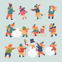 personnages d'enfants de fond de saison d'hiver. illustration vectorielle plane. activités de plein air hivernales. les enfants s'amusent. vecteur