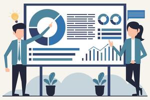 homme d'affaire et femme d'affaires en présentant affaires plan sur tableau blanc. conception illustration dans plat style vecteur