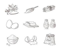 Ingrédients de cuisine ensemble d'illustrations gravées. collection de croquis de nourriture dessinés à la main pour la recette, le logo, la recette, l'impression, l'autocollant, la conception de menus et la décoration vecteur