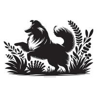 shetland chien de berger -un Sheltie en jouant aller chercher parmi jardin des buissons illustration dans noir et blanc vecteur