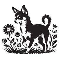 curieuse chihuahua dans épanouissement Prairie illustration dans noir et blanc vecteur