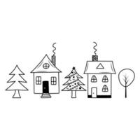 maisons et arbres dans un style doodle. vecteur