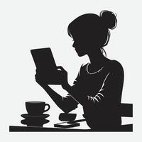 énigmatique élégance, une les filles contemplation avec une tablette silhouette vecteur