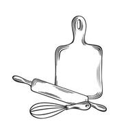 ustensiles de cuisine, cuisson outils. Coupe conseil, roulant épingle et fouet. plat illustration linéaire, isolé. en bois instruments, équipement. modèle pour emballage, livre de recettes, menu, vitrine, application, site Internet. vecteur