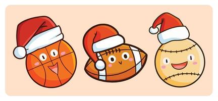 personnage drôle et mignon de trois balles de sport portant le chapeau du père Noël pour la célébration de noël vecteur