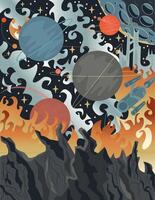 coloré rétro sci Fi illustration avec espace paysage, extraterrestre planètes et extra-terrestre surface, coloration page et dessin animé Jeu concept Contexte vecteur