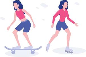 deux filles faisant des skatigs, une avec une planche à roulettes et une autre avec des chaussures de patinage. vecteur