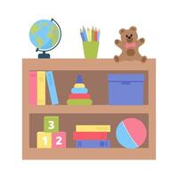 jouets rangement.en bois rayonnage avec jouets, livres, des crayons, nounours ours, globe, blocs. plat conception illustration. vecteur