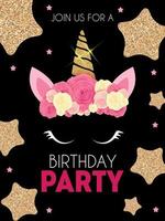 invitation de fête d'anniversaire avec une licorne et une fleur mignonnes. illustration vectorielle vecteur