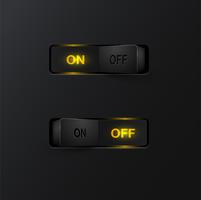 Interrupteurs noirs réalistes (ON / OFF) sur fond noir, illustration vectorielle vecteur