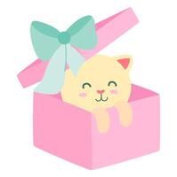 mignonne minou dans cadeau boîte dans plat conception. adorable chat présent à Valentin journée. illustration isolé. vecteur