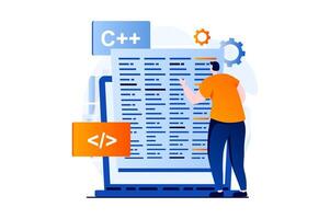 Logiciel développement concept avec gens scène dans plat dessin animé conception. homme essai et optimise code à filtrer, programmation et crée Logiciel sur portable. illustration visuel récit pour la toile vecteur