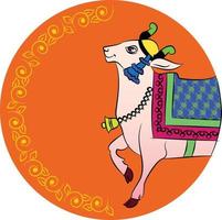 vache sacrée dans l'art populaire traditionnel indien kalamkari sur des tissus de lin. il peut être utilisé pour un livre de coloriage, des impressions sur tissu textile, un étui pour téléphone, une carte de voeux. logo, calendrier vecteur