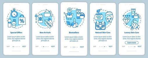 Écran de page d'application mobile d'intégration de skicare avec des concepts. best-sellers et offres spéciales. Procédure pas à pas des produits cosmétiques Instructions graphiques en 5 étapes. modèle vectoriel d'interface utilisateur avec des illustrations en couleur rvb