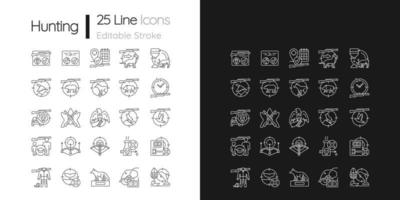 animaux sauvages chassant des icônes linéaires définies pour les modes sombre et clair. chasse au gros et au petit gibier. permis de chasse. symboles de ligne mince personnalisables. illustrations de contour de vecteur isolé. trait modifiable