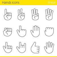 Ensemble d'icônes linéaires de geste de la main. signaler, cool, approuver, bonjour, heavy metal, pouces vers le haut, poing, symboles de point de direction. un, deux, trois, quatre, cinq doigts. ligne fine. illustrations vectorielles isolées vecteur