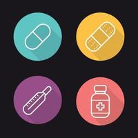 Ensemble d'icônes plat linéaire grandissime de médecine à domicile. pilule de médecine, pansement pansement, thermomètre et bouteille de pilules. symboles de ligne vectorielle vecteur