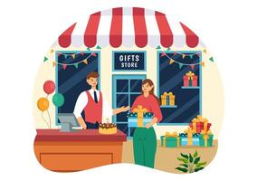 cadeaux boutique illustration de enveloppé cadeau boîte avec ruban et confettis à surprise votre copains dans plat dessin animé Contexte conception vecteur
