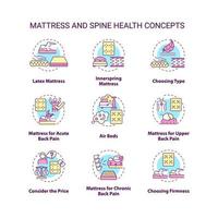 ensemble d'icônes de concept de santé de matelas et de colonne vertébrale. Idée de soulagement des douleurs au dos et au cou illustrations en couleur de fine ligne. types et matériaux de matelas. dessins de contour isolés vectoriels. trait modifiable vecteur