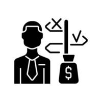 icône de glyphe noir de gestionnaire d'actifs. spécialiste prenant des décisions d'investissement pour le client. expert en opérations boursières. conseiller financier. symbole de silhouette sur un espace blanc. illustration vectorielle isolée vecteur