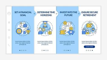 modèle vectoriel d'intégration de plan de retraite. site Web mobile réactif avec des icônes. page Web pas à pas, écrans en 4 étapes. assurer un concept de couleur de retraite sécurisé avec des illustrations linéaires