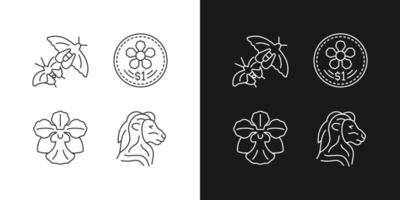 national animal et fleur d'icônes linéaires de singapour définies pour le mode sombre et clair. conception de pièces de monnaie. fleur orchidée. symboles de ligne mince personnalisables. illustrations de contour de vecteur isolé. trait modifiable