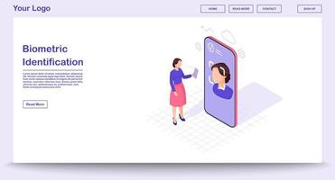 modèle de vecteur de page Web d'identification biométrique avec illustration isométrique. vérification d'identité. numérisation d'identité faciale. analyse de l'empreinte faciale. conception d'interface de site Web. page Web, concept 3d d'application mobile