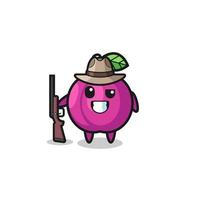 mascotte de chasseur de fruits prune tenant une arme à feu vecteur