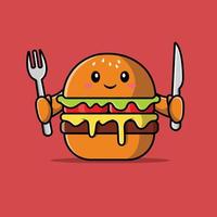 burger mignon tenant un couteau et une fourchette illustration d'icône de vecteur de dessin animé