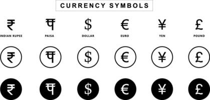 ensemble de international devise Icônes symbole comprenant roupie, Paisa, euro, dollar, broyer, yen, et yuan. vecteur