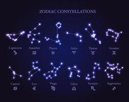 ensemble de constellations du zodiaque astrologie brillante isolées avec signes vecteur