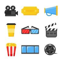 icônes de cinéma - ensemble d'icônes plates lumineuses. films et films. vecteur