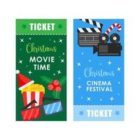 affiche de concept de cinéma de noël ou modèle de billet avec pop-corn et équipement vecteur